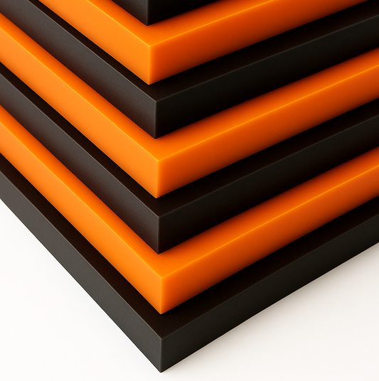 12 inch by 24 inch black and orange urethane polyurethane sheets 3/16 inch thick stacked
