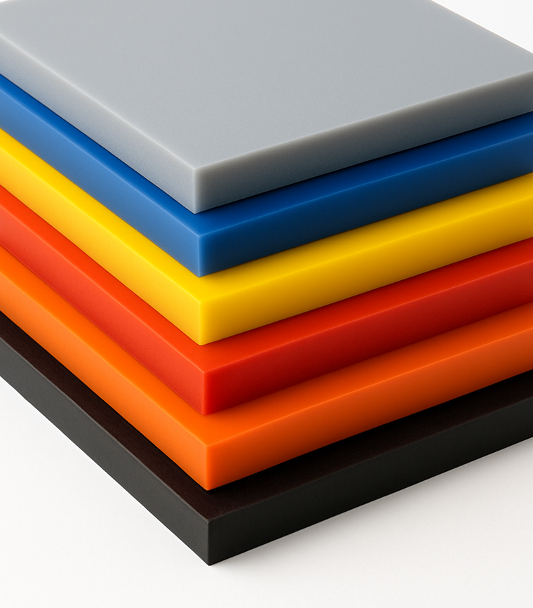 Urethane polyurethane sheets stacked showing multiple custom colors including gray blue yellow red orange black
